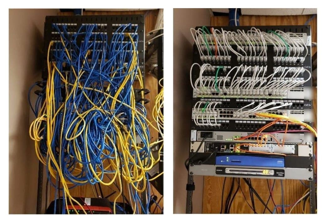 A before and after pair of a network rack: the same patch panels first with tangled cable and then with neatly dressed patch cords