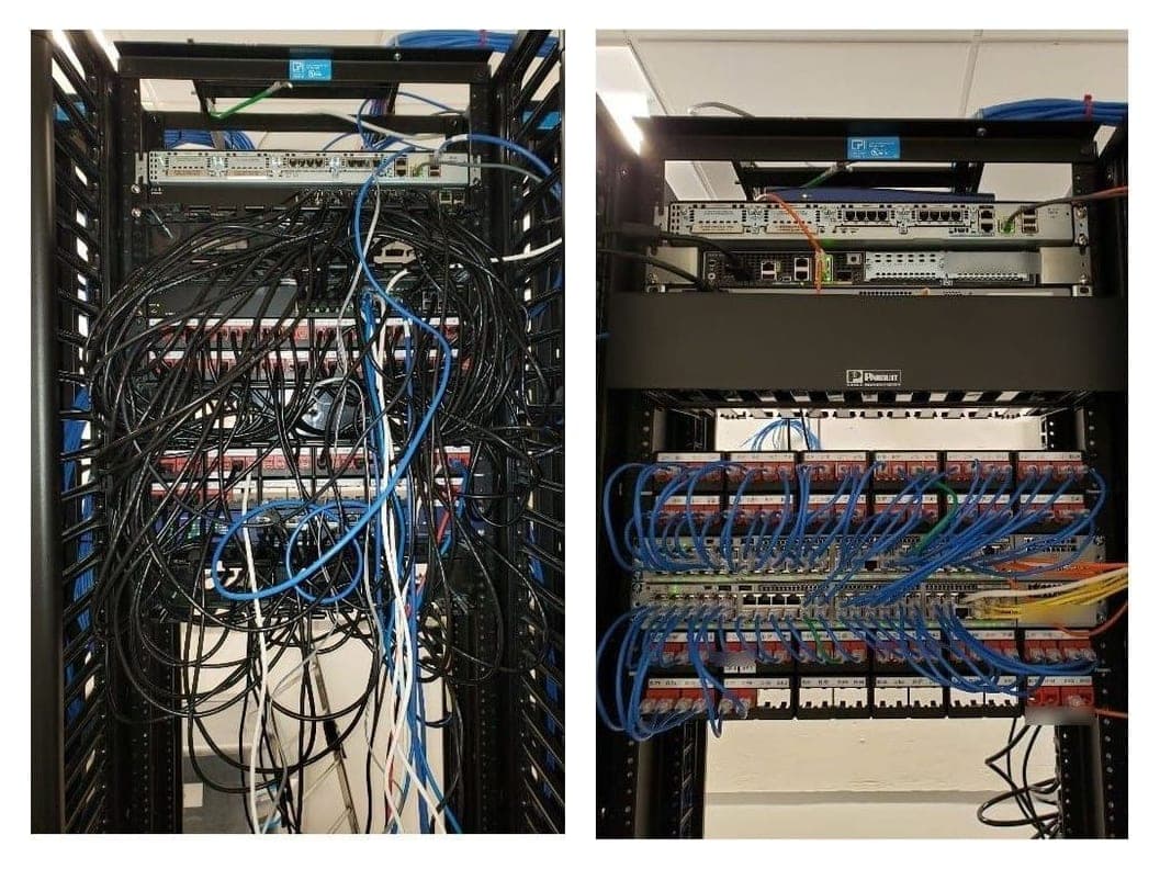 A second before and after pair of a network rack, showing tangled cabling replaced with dressed and routed patch cords